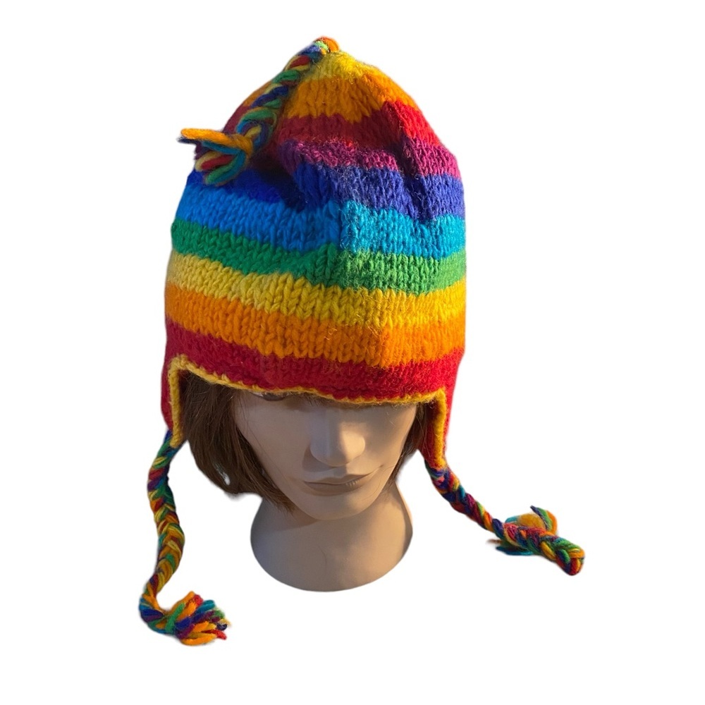 Vibrant Himalayan Wool striped red blue green yellow ski hat tassels Beanie
